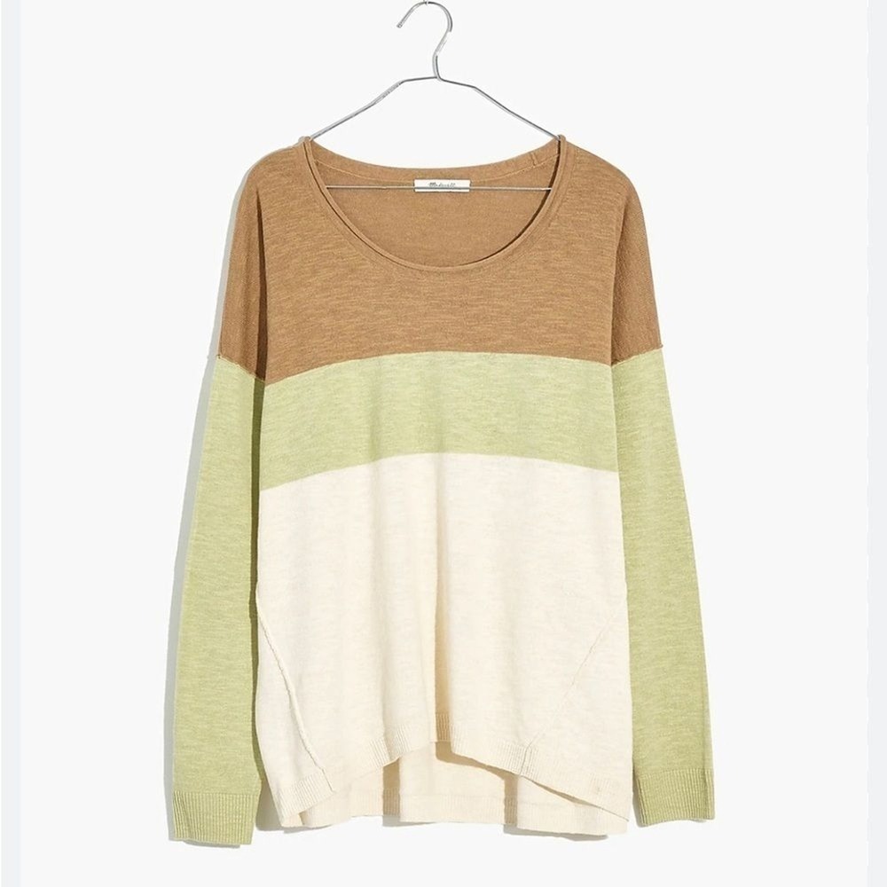 Madewell Linen Cotton Colorblock Scoop Neck Sweater Tan Green Cream XS 358